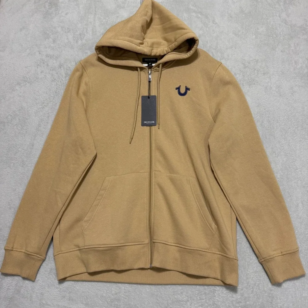 True Religion True Emb Zip Hoodie Men XL Travertine Tan Logo Graphic Sweatshirt